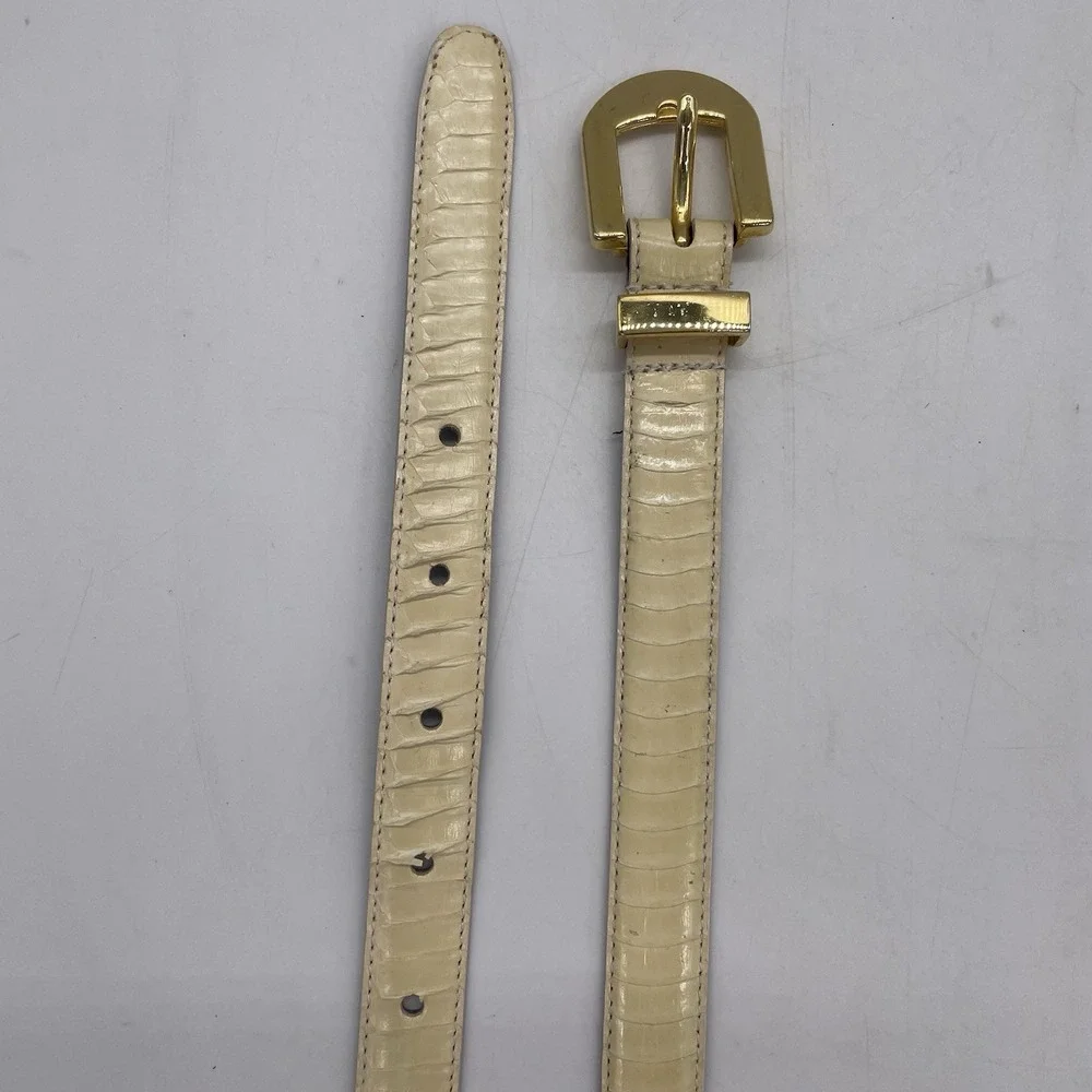 Vintage Womens M/L Belt Skinny Snakeskin Belt Cream‎ Gold Buckle 27.25
